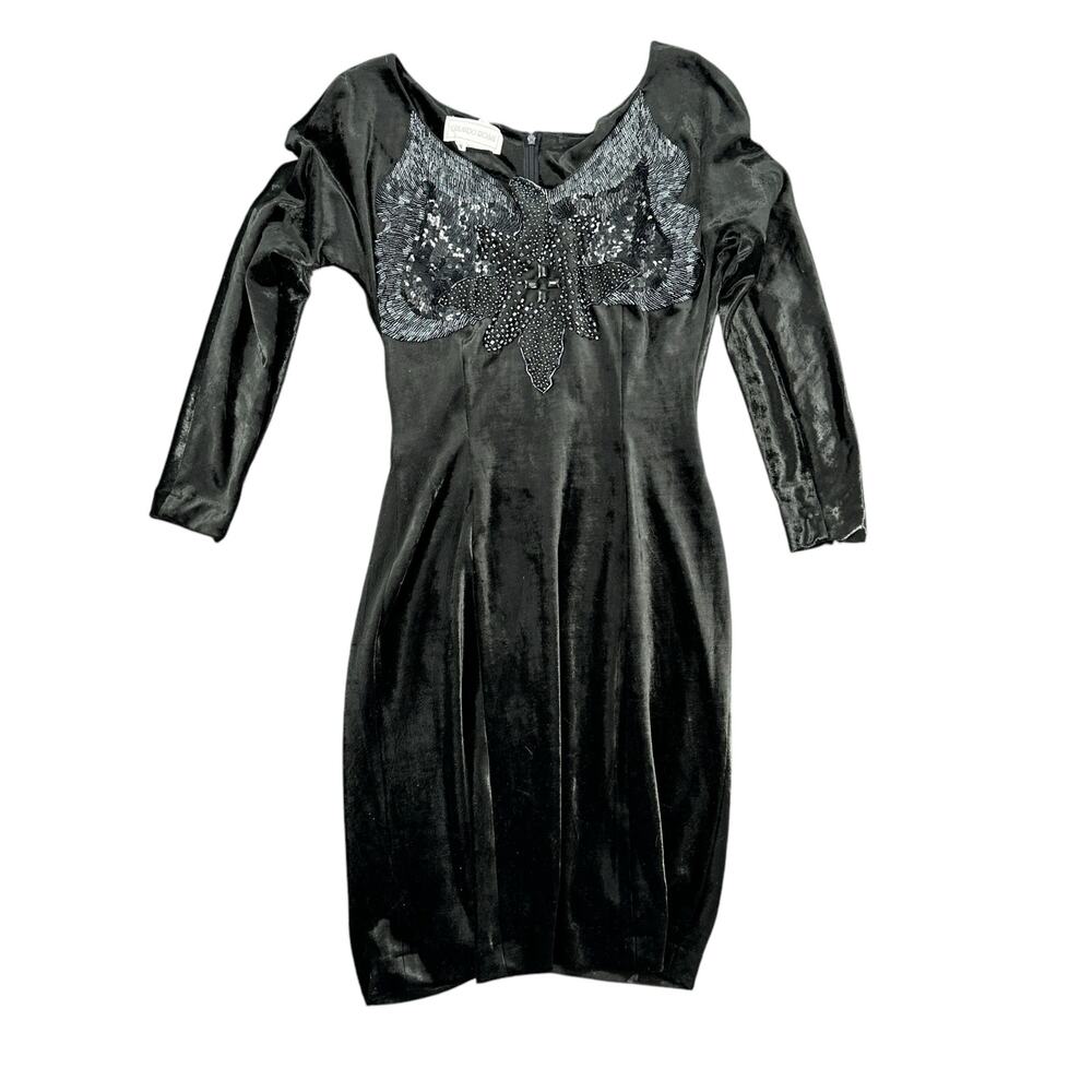 Orlando Rossi Vintage Black Velvet Midi Dress Beaded Sculpted Neck Small 90s - Picture 2 of 7